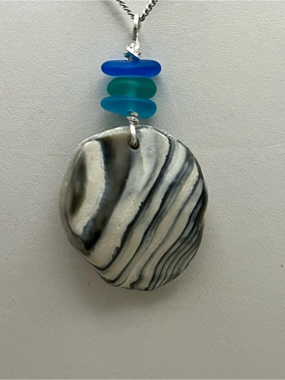 Wampum Shell Pendant Necklace Silver Tone Sea Glass Blue Green Coastal Beach